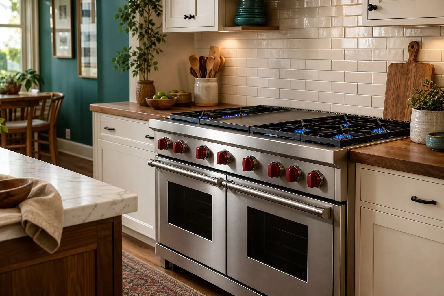 Wolf dual-fuel range with sealed surface burners in a Campbell kitchen