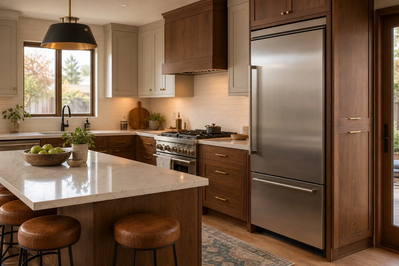 High-end Campbell kitchen with built-in Sub-Zero refrigeration and a Wolf range