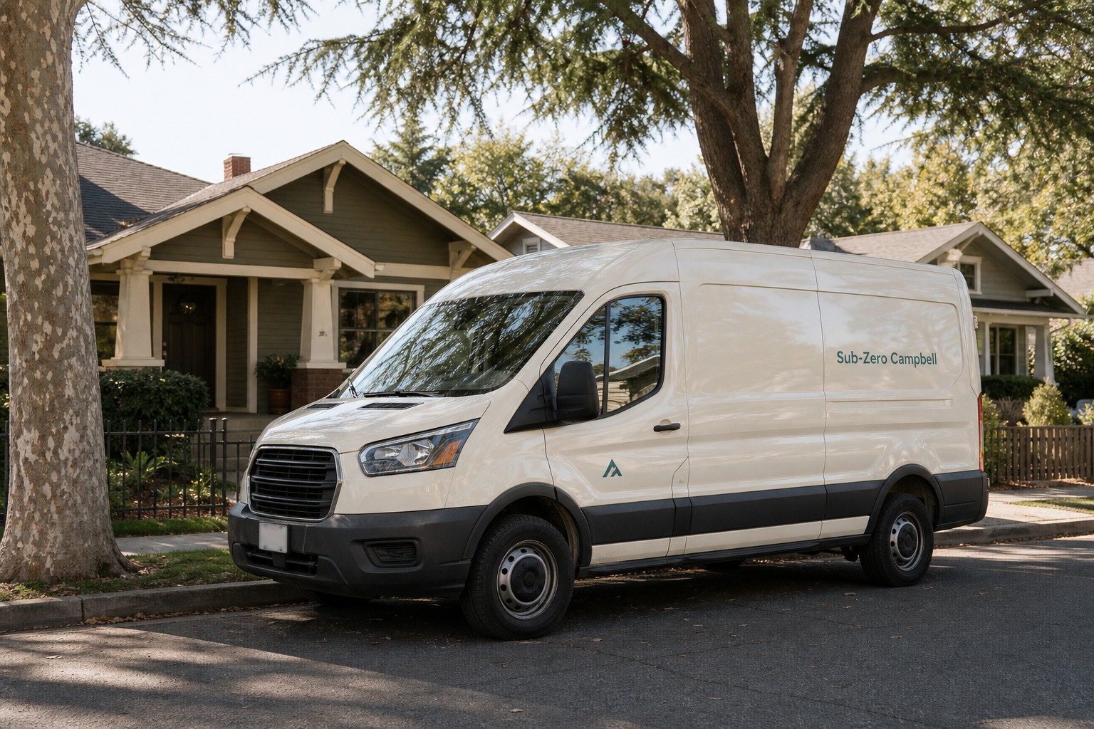 Sub-Zero Campbell service van parked on a tree-lined Campbell residential street