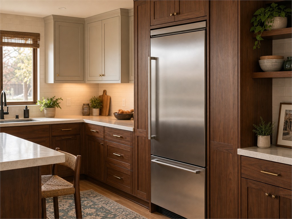 Classic Sub-Zero 600 series built-in refrigerator behind custom cabinet panels in a Campbell kitchen
