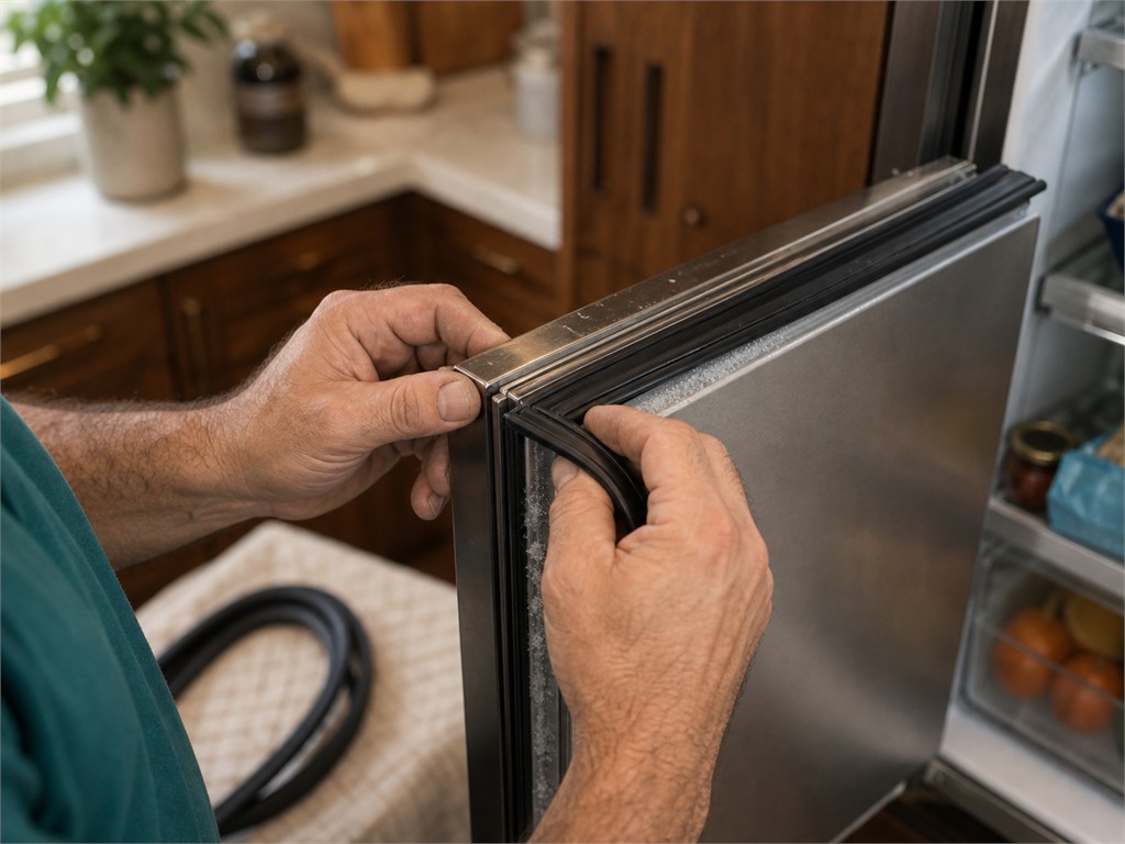 Hands checking the door gasket and rear drain area of a Sub-Zero built-in during a leak diagnosis in a Campbell kitchen