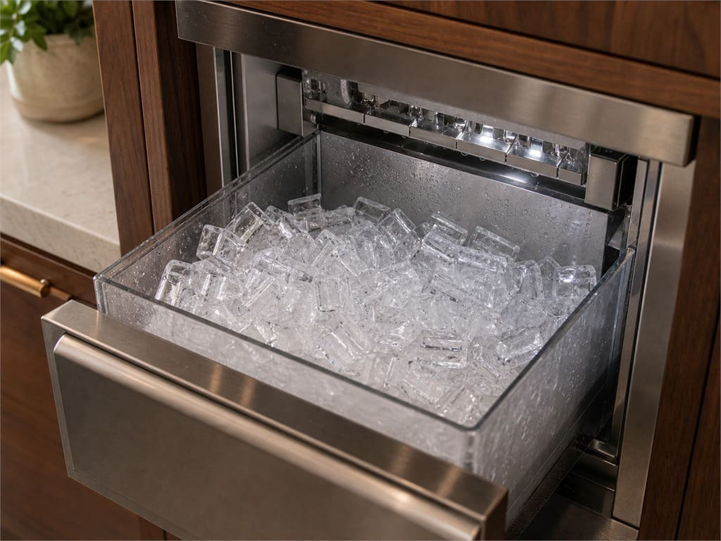 Built-in Sub-Zero clear-ice maker with the bin pulled out in a Campbell kitchen