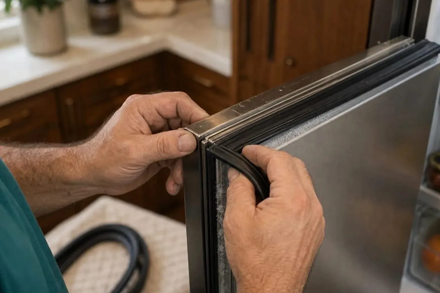 Technician running a dollar-bill pull test on a Sub-Zero 700TC freezer drawer seal in Campbell