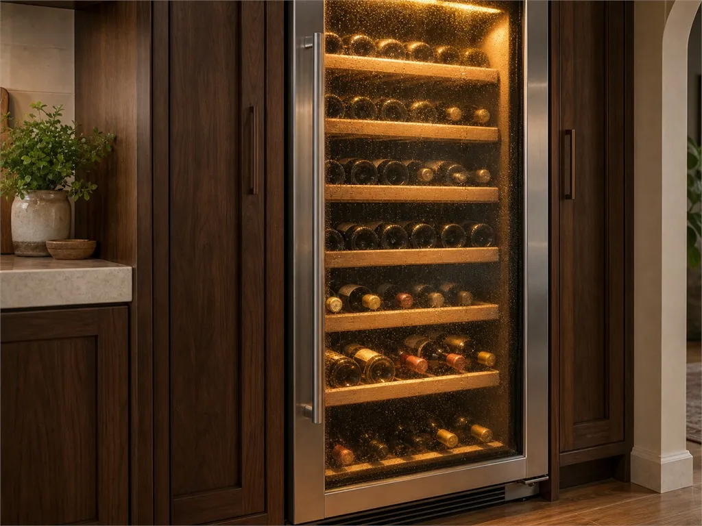 Built-in Sub-Zero wine storage column holding bottles at temperature in a Campbell kitchen