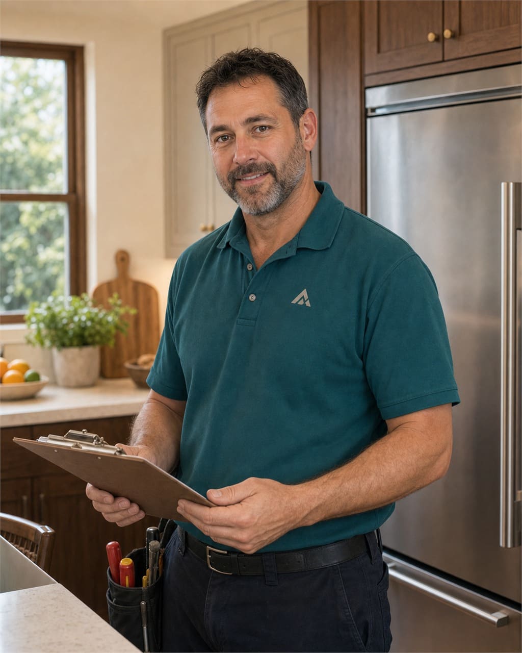 Portrait of an experienced Sub-Zero Campbell lead technician in a Campbell kitchen