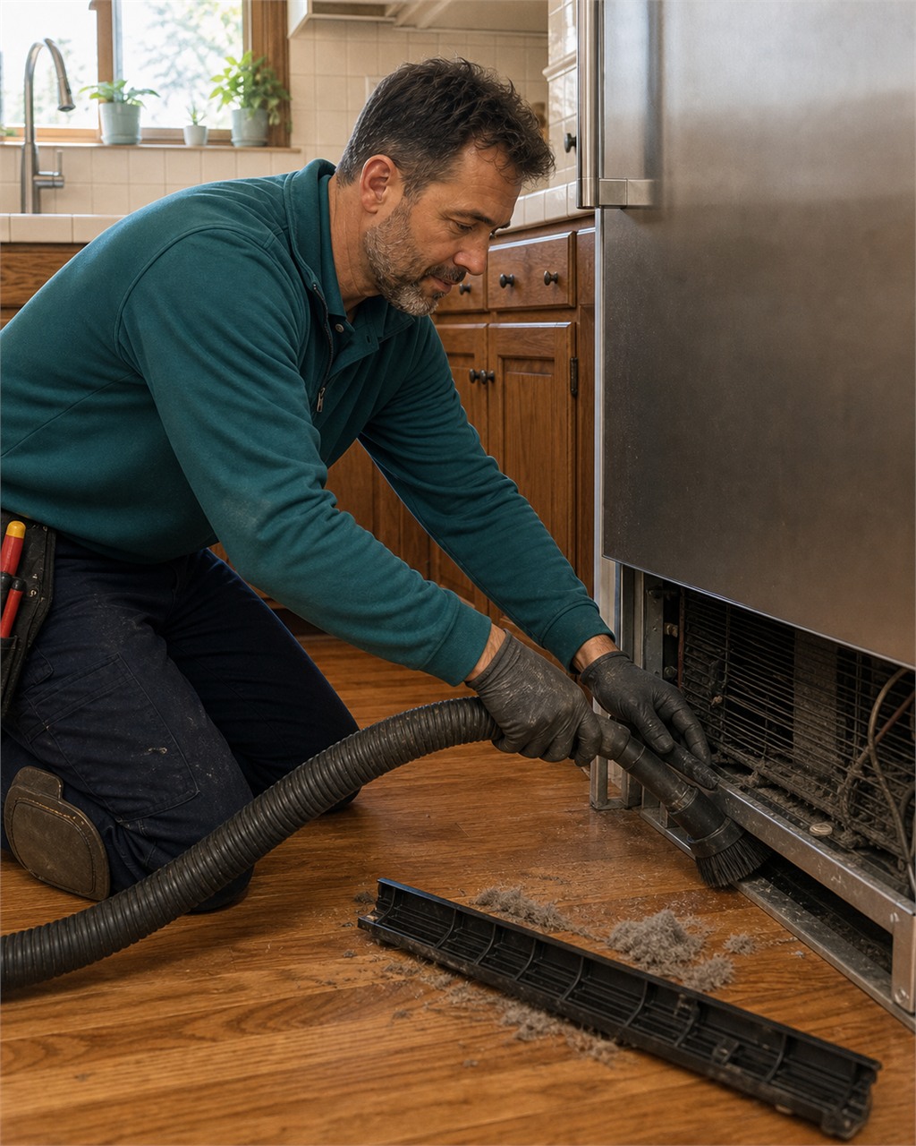 Sub-Zero Campbell technician clearing the condenser and fan behind the grille to quiet a buzzing built-in refrigerator