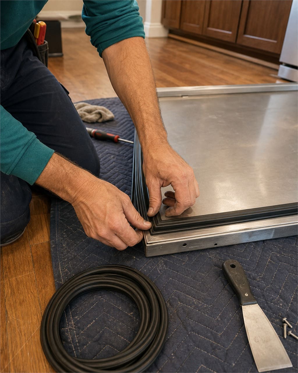 Sub-Zero Campbell technician pressing a new door gasket onto a classic built-in refrigerator door