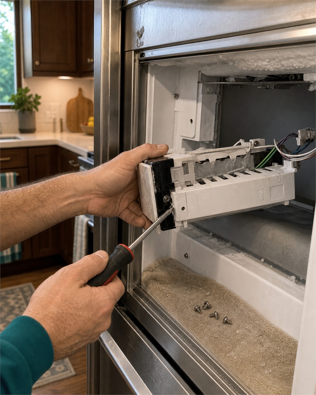 Sub-Zero Campbell technician inspecting the ice-maker fill tube and water inlet valve for a leak in a Campbell kitchen