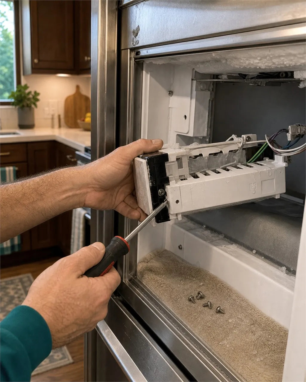 Technician servicing a Sub-Zero ice-maker module affected by Santa Clara Valley hard water