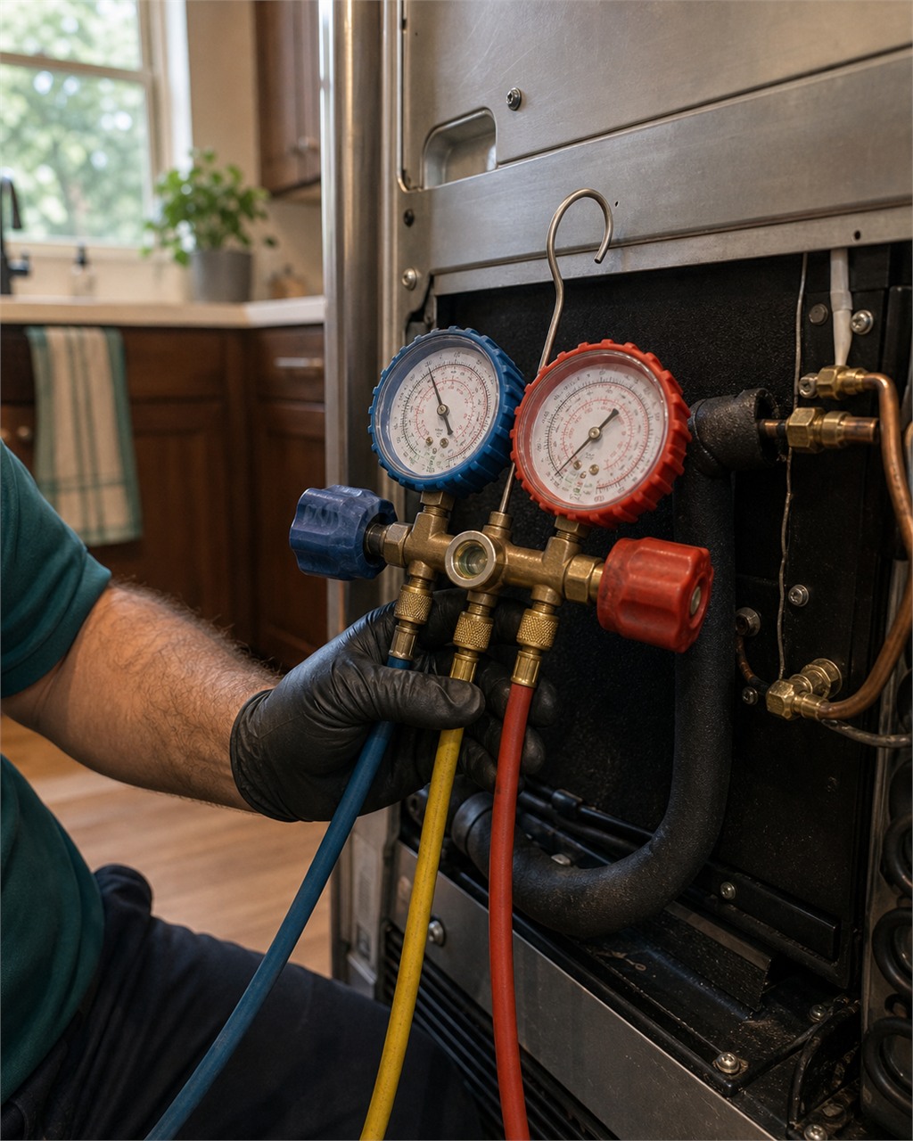 Sub-Zero Campbell technician using gauges to diagnose a broken built-in refrigerator sealed system